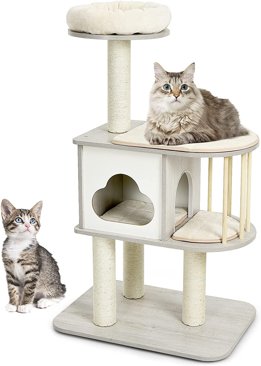 Tangkula Modern Wood Cat Tree, 46 Inches Cat Tower with Platform, Cat Activity Center with Scratching Posts and Washable Cushions, Wooden Cat Condo Furniture for Kittens and Cats Animals & Pet Supplies > Pet Supplies > Cat Supplies > Cat Furniture Tangkula Light Grey  