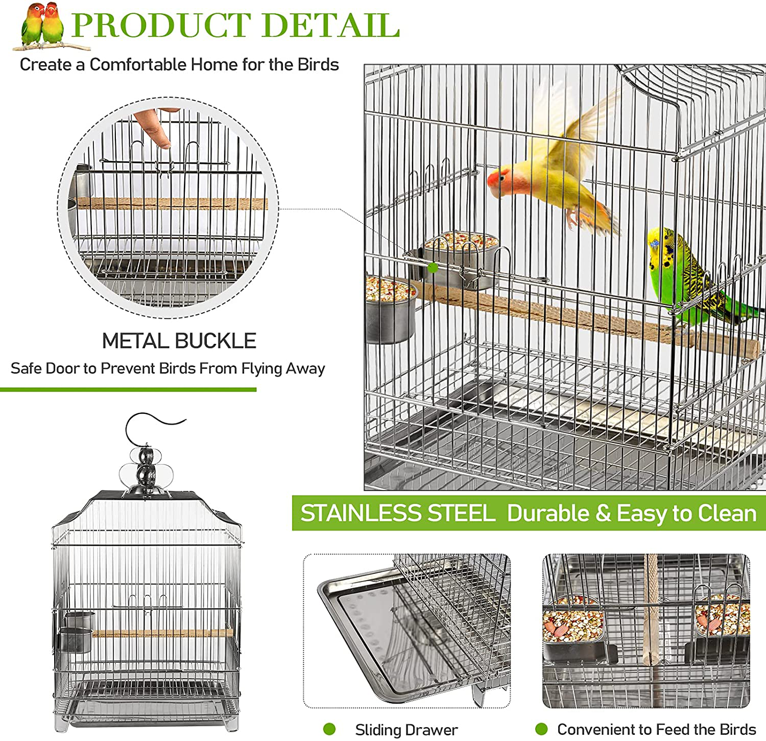 Lilithye Large Stainless Steel Parakeet Bird Cage 30 Inch Height Hanging Parrot Bird Cages with Stand for Cockatiels African Grey Quaker Parakeets Conures Pigeons Flight Perches Birdcage Animals & Pet Supplies > Pet Supplies > Bird Supplies > Bird Cages & Stands Lilithye   