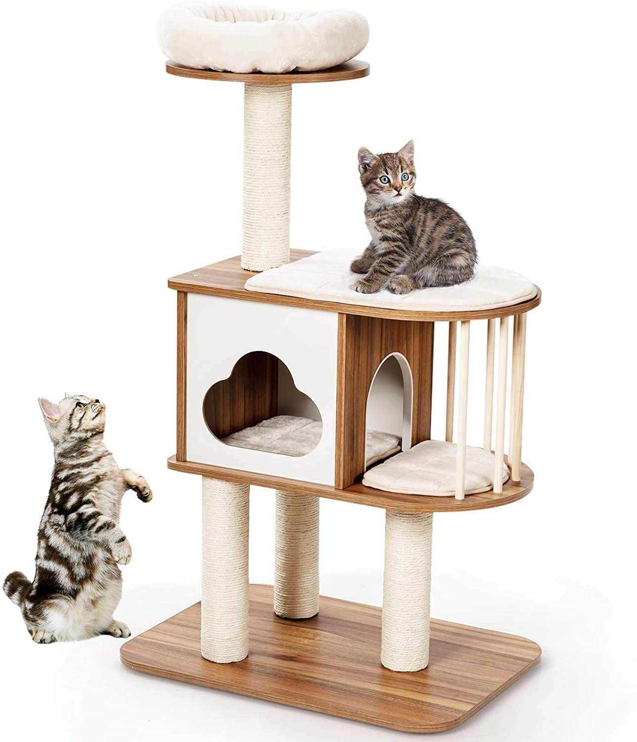Tangkula Modern Wood Cat Tree, 46 Inches Cat Tower with Platform, Cat Activity Center with Scratching Posts and Washable Cushions, Wooden Cat Condo Furniture for Kittens and Cats