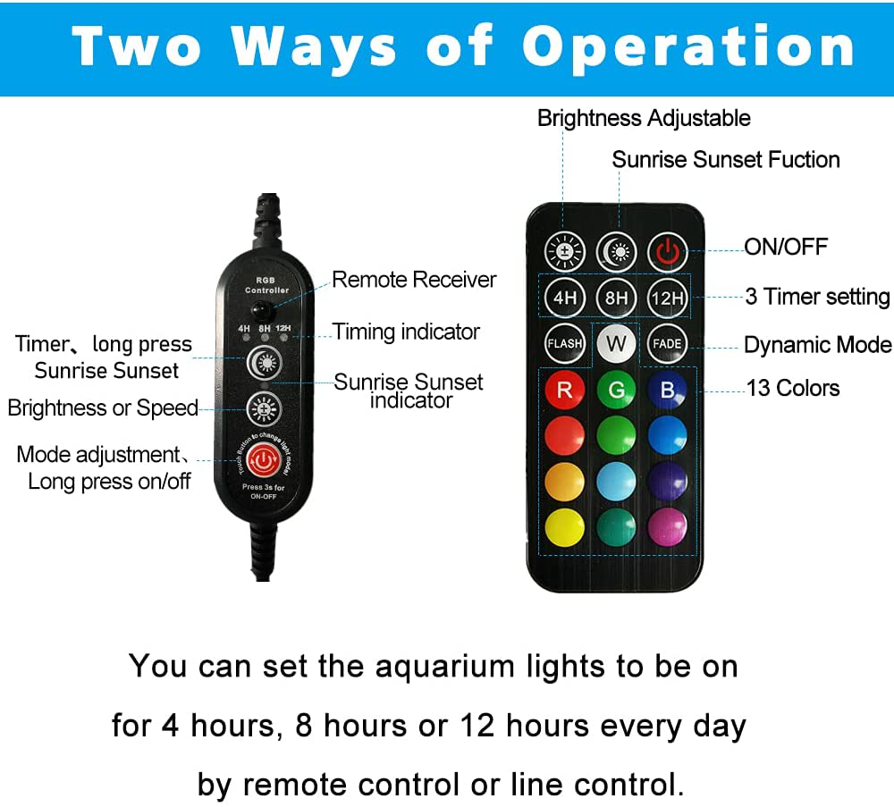 FINEIAM 15" Submersible LED Aquarium Light Build in Timer,Multicolor Fish Tank Light with Remote Control,13 Colors Brightness Adjustable Waterproof Strip,Auto Turn On/Off Day/Night Cycle for Plants,7W