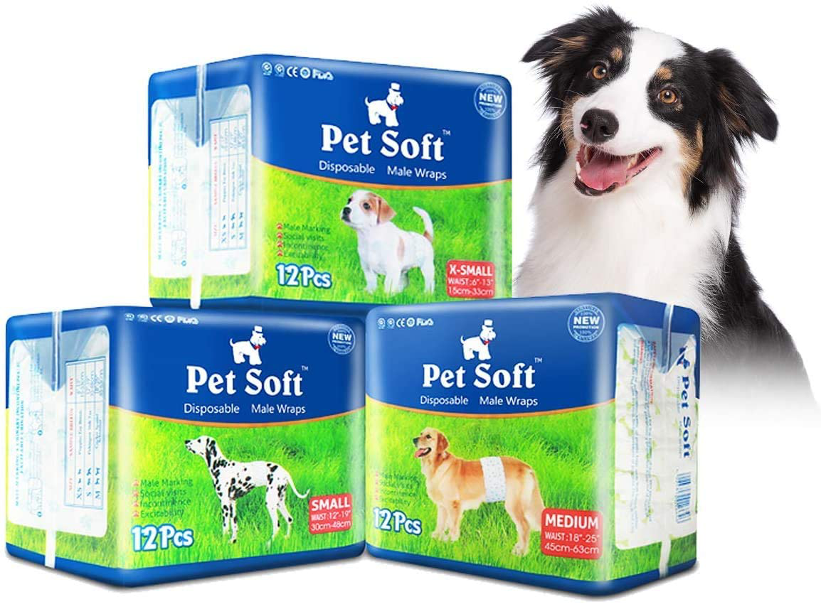 Pet Soft Disposable Dog Wraps - Disposable Male Dog Diapers for Male Puppy Doggy Marking Incontinent 12-72 Counts Animals & Pet Supplies > Pet Supplies > Dog Supplies > Dog Diaper Pads & Liners Pet Soft 72 12 Count (Pack of 3) 