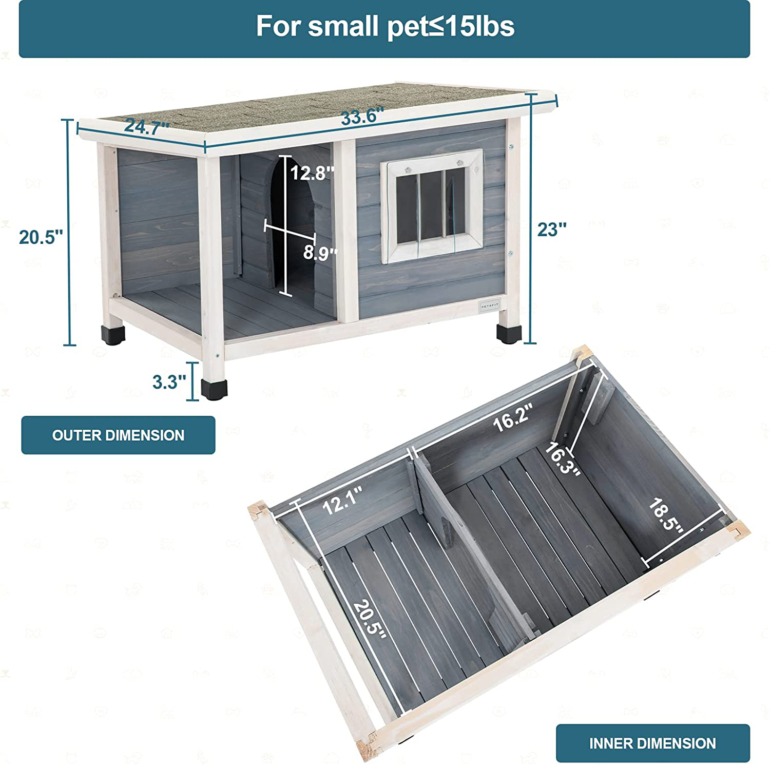 Petsfit Outdoor Wooden Dog House for Small Dogs, Light Grey, Small/33.6" L X 24.7" W X 23" H Animals & Pet Supplies > Pet Supplies > Dog Supplies > Dog Houses Petsfit   