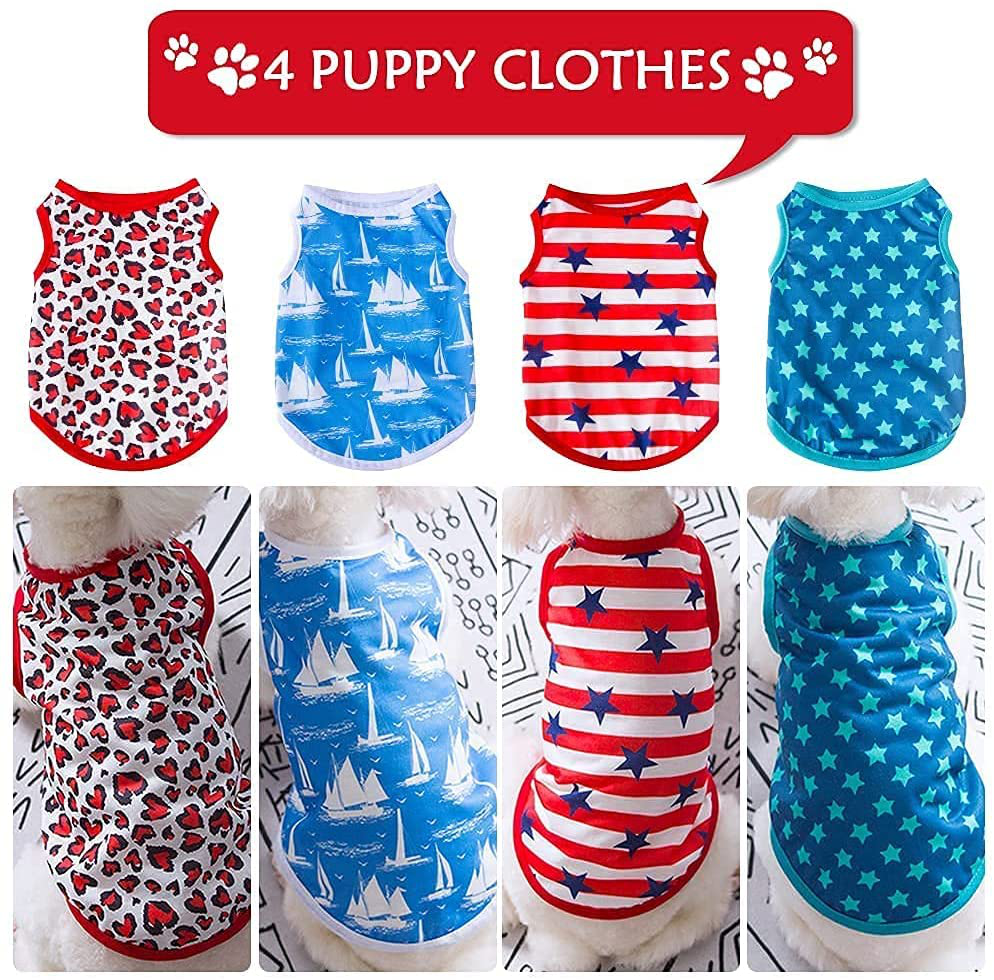 Sebaoyu 4-Pack Puppy Clothes for Small Dogs Girl Boy Summer Dog Clothes Outfit Cute Cat T-Shirt Apparel Soft Pup Costume Vest for Ropa Para Perros Yorkie Medium Female Male Breed