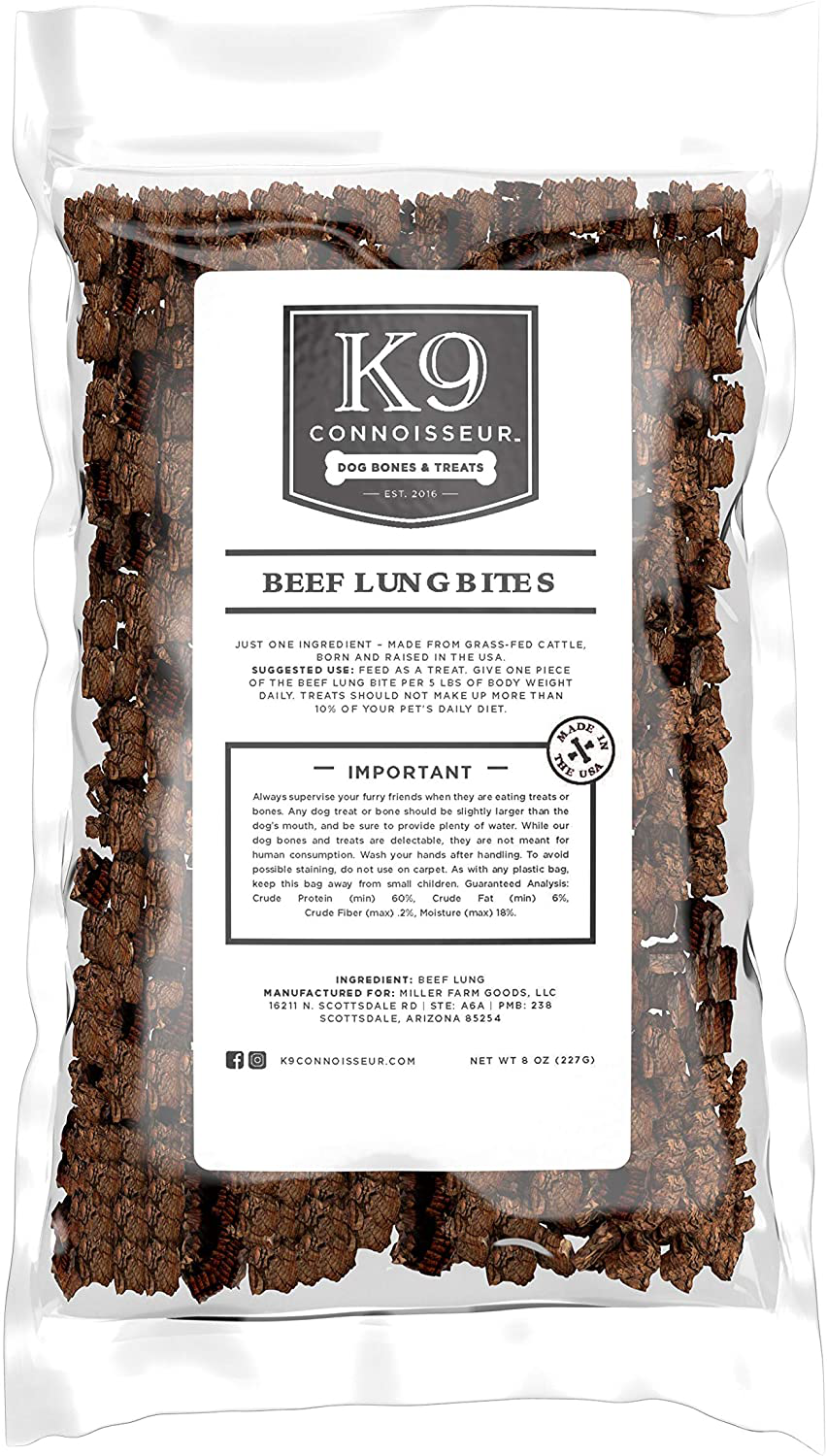 K9 Connoisseur Low to Odor Free Slow Roasted Beef Lung Bites for Dogs Made in USA Grain & Rawhide Free Natural Dog Treats for Large Dogs Aggressive Chewers Also the Best for Medium & Small Breed Dogs Animals & Pet Supplies > Pet Supplies > Dog Supplies > Dog Treats K9 Connoisseur 8 Ounce (Pack of 1)  