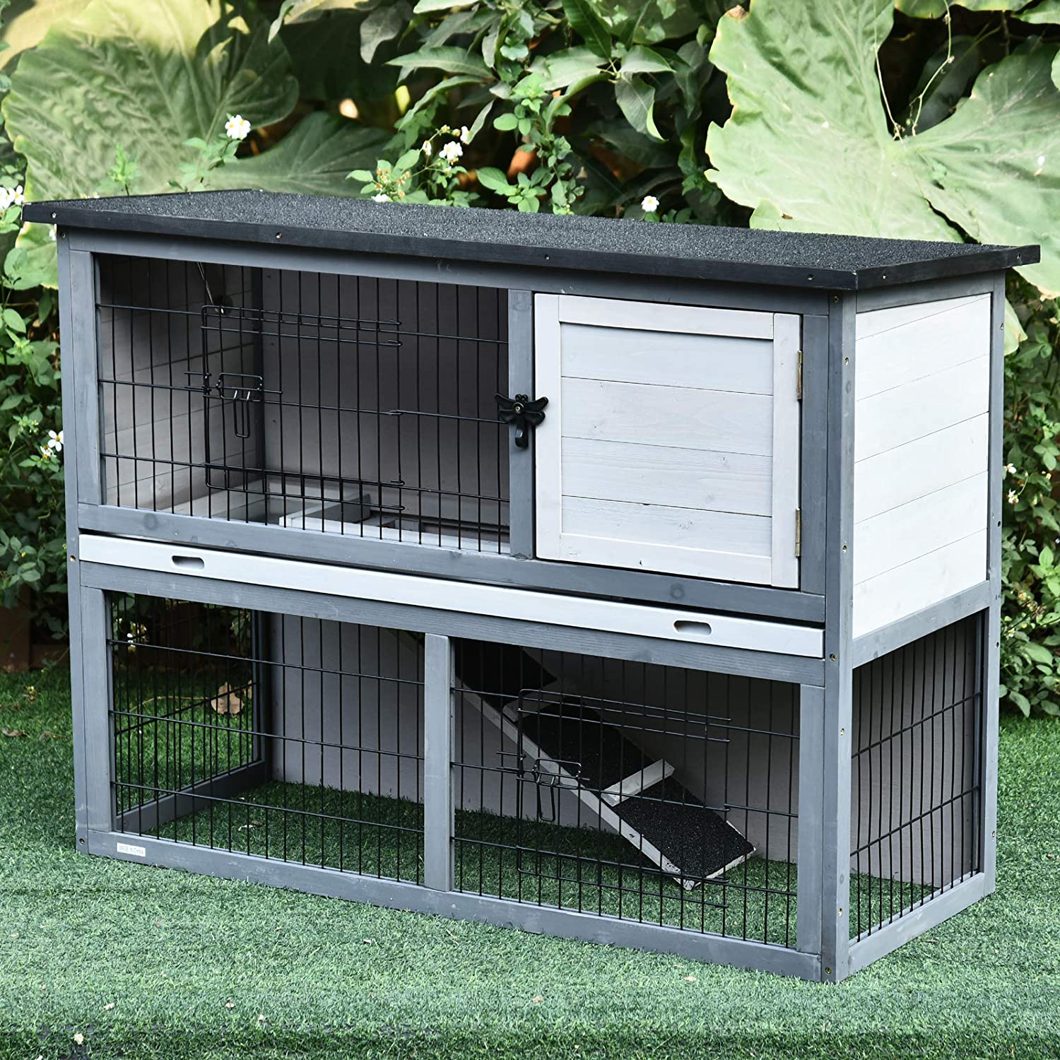 Pawhut Wooden Rabbit Hutch Pet Playpen 4 Door House Enclosure with Ramp, for Rabbits and Small Animals, Grey