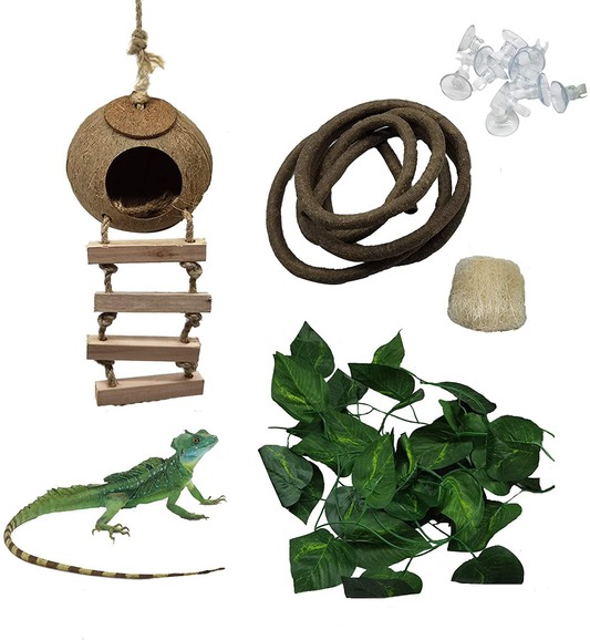Tfwadmx Reptile Hide Coconut with Ladder,Natural Gecko Hanging Hideout Cave Hut Climbing Jungle Vine Flexible Reptile Leaves with Coconut Fiber for Turtle Beared Dragon Spider Lizard Frog Chameleon.
