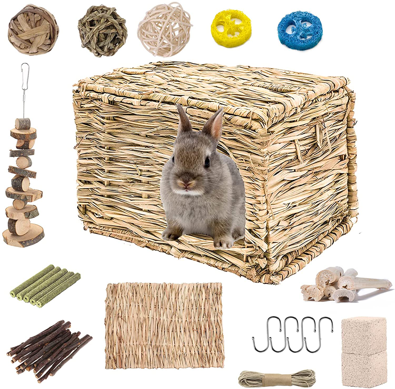 HERCOCCI Grass House for Bunny, Natural Handmade Grass Bed Hideaway Hut Mat with Chew Toys Accessories for Rabbit Bunny Guinea Pig Chinchilla Small Animal - Play and Rest Animals & Pet Supplies > Pet Supplies > Small Animal Supplies > Small Animal Habitat Accessories Small Animal - US   