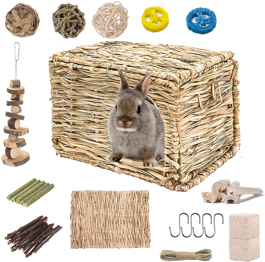 HERCOCCI Grass House for Bunny, Natural Handmade Grass Bed Hideaway Hut Mat with Chew Toys Accessories for Rabbit Bunny Guinea Pig Chinchilla Small Animal - Play and Rest Animals & Pet Supplies > Pet Supplies > Small Animal Supplies > Small Animal Habitat Accessories Small Animal - US   