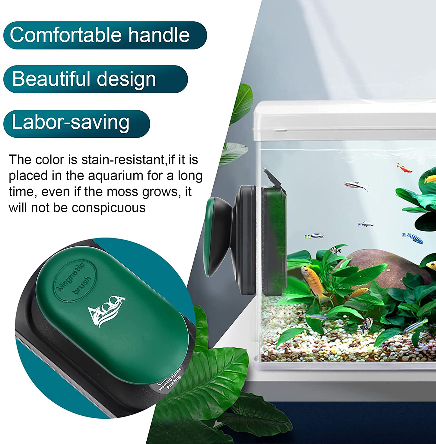 AQQA Magnetic Aquarium Cleaner Brush,Fish Tank Algae Cleaner Tool,Floating with Handle Scratch-Free,2 Kinds Scraper Suitable Glass and Acrylic Tank