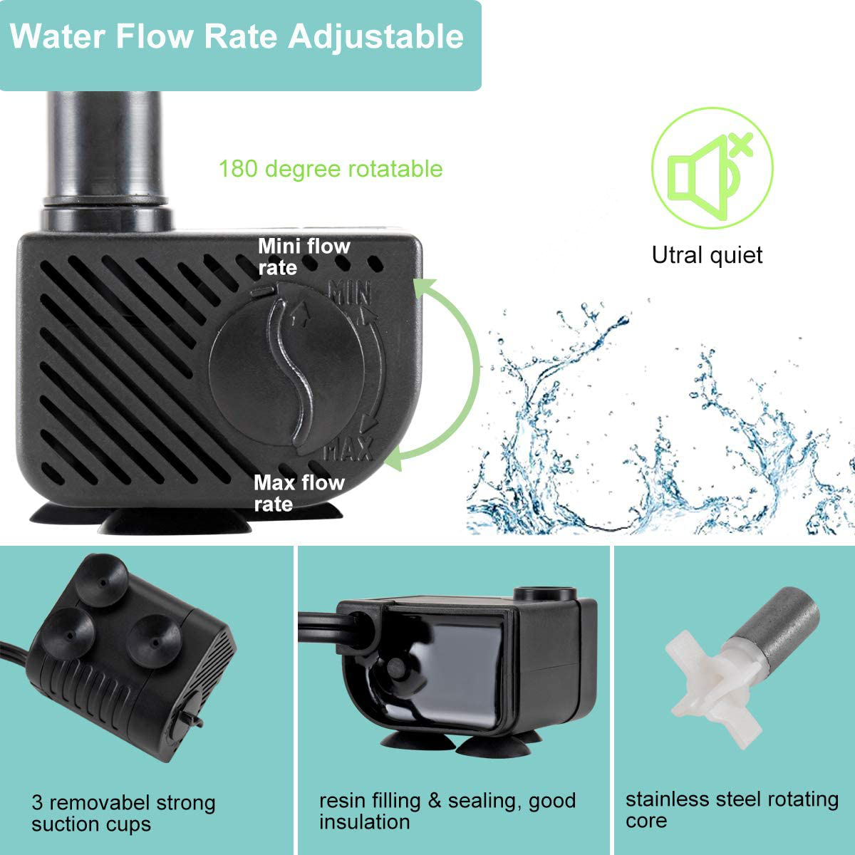 Hygger Ultra Quiet 53GPH (200L/H, 3W) Submersible Mini Water Pump Comes with 2 Nozzles, for Aquariums, Fish Tank, Fountain, Hydroponics, Max Lift Height 1.7Ft ,120V/60HZ, Power Cord 6Ft Animals & Pet Supplies > Pet Supplies > Fish Supplies > Aquarium & Pond Tubing hygger   
