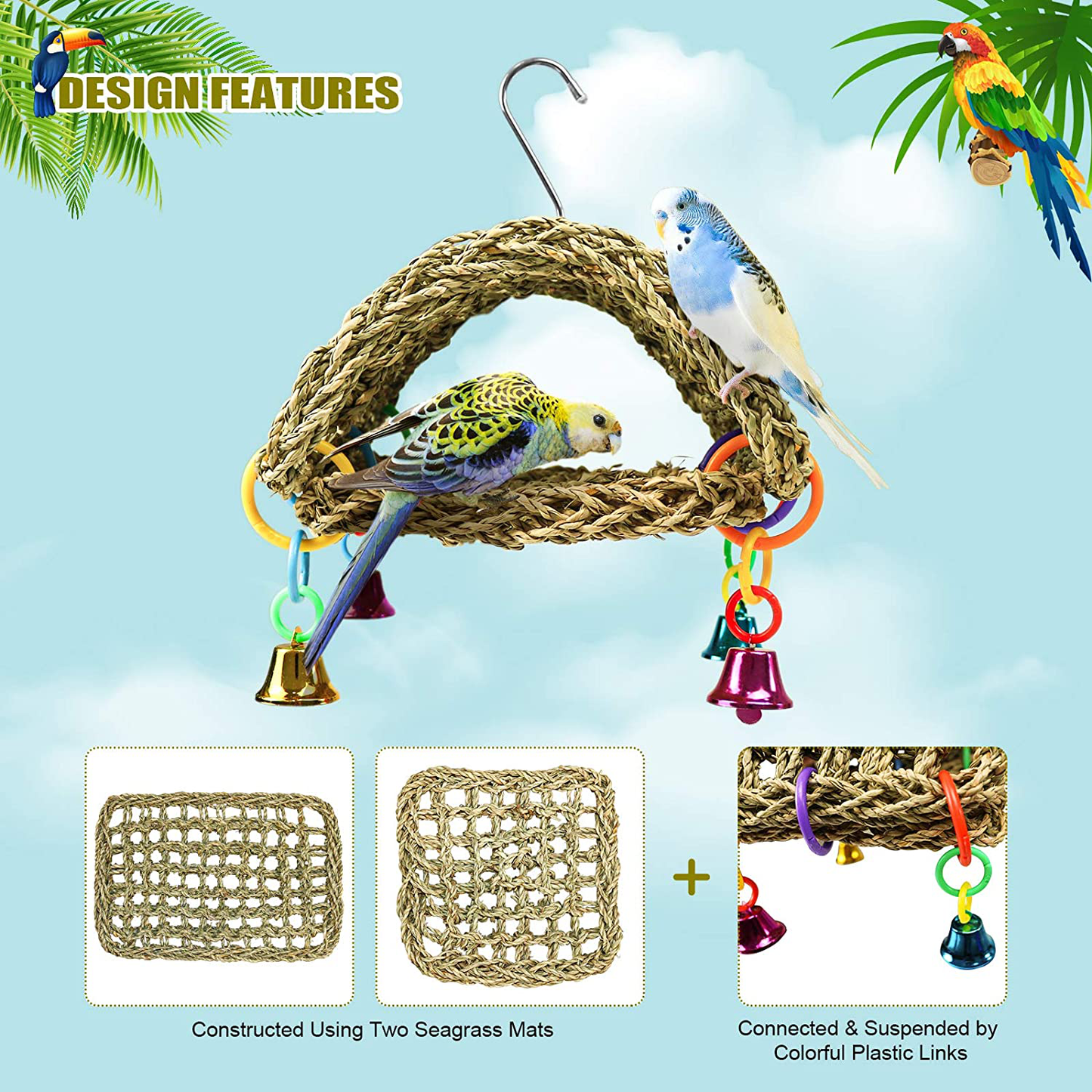 Bird Seagrass Hammock DIY Toys,Parrot Nest House Shed Hut Hanging Hammock Cage Tent Parakeet Perch Stand Climb Ladder Cage Toys for Conure Lovebird Budgie Cockatiel Finch Cockatoo Animals & Pet Supplies > Pet Supplies > Bird Supplies > Bird Ladders & Perches Roundler   