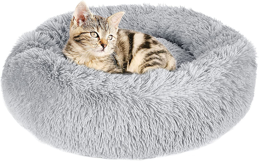 Dog Bed Cat Bed for Indoor Cats - Donut Calming Pet Bed Soft Faux Fur Dog Beds Machine Washable round Cat Beds for Indoor Cats for Small Dog Animals & Pet Supplies > Pet Supplies > Cat Supplies > Cat Furniture HUBORLOVES Grey  