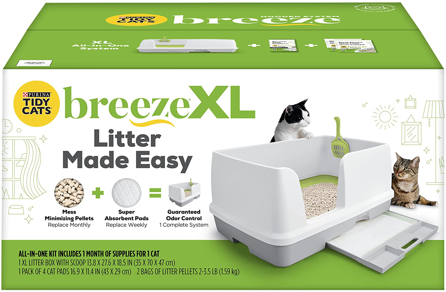 Purina Tidy Cats Breeze Cat Litter Box System Starter Kit, XL Breeze Litter System with Pads & Pellets