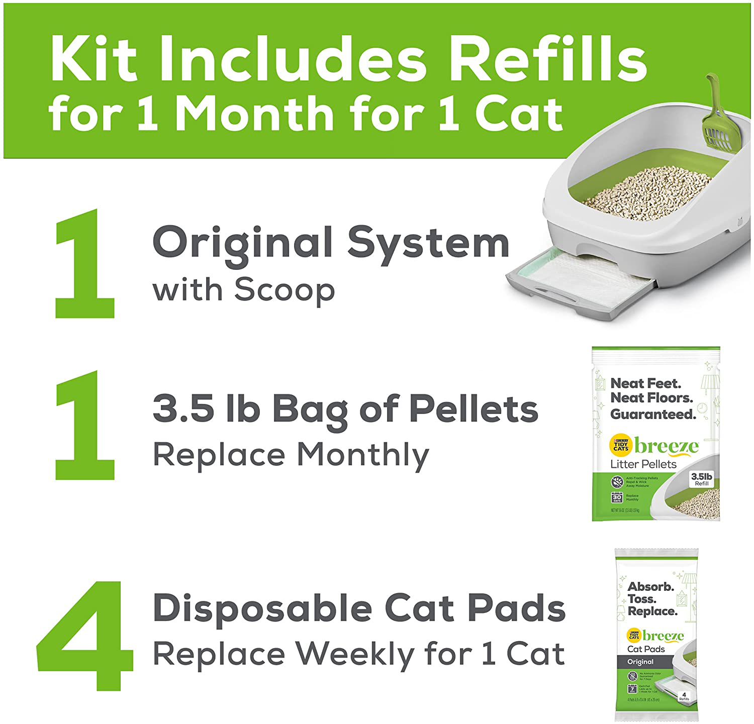 Purina Tidy Cats Breeze Cat Litter Box System All-In-One Starter Kit, Breeze Cat Litter System with Scoop, Cat Pads & Cat Litter Pellets, (Pack of 1 Kit)