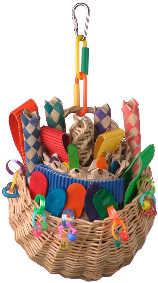 Super Bird Creations SB669 Wicker Foraging Basket Bird Toy with Array of Chewable Toys for Parrots, Medium Size, 10” X 4” X 5”, Varies, 1 Count (Pack of 1)