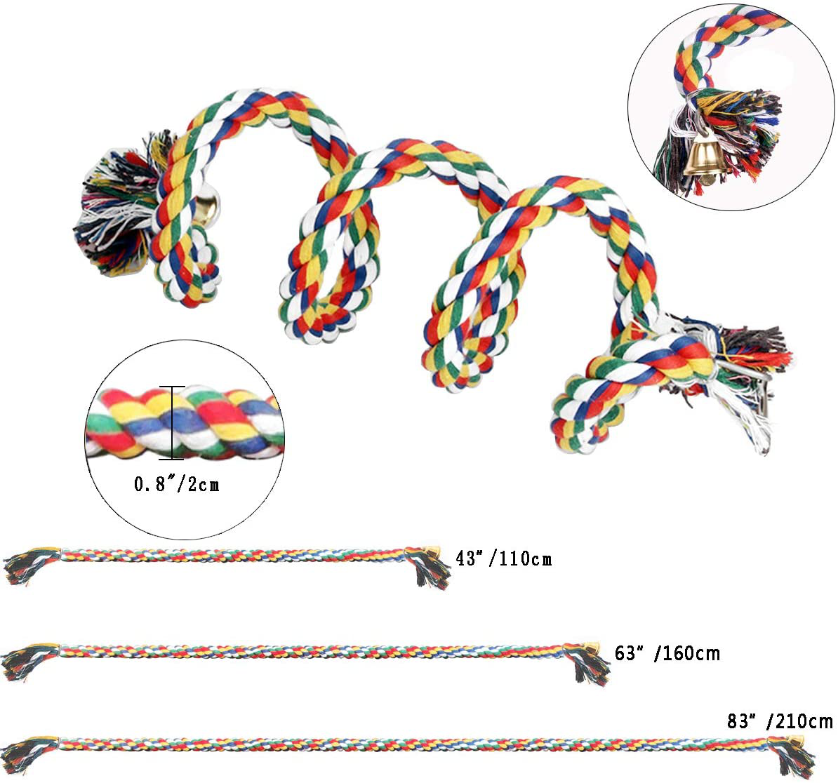 GINXIA Parrot Rope Perch Cotton Rope Bird Perch with Bell Climbing Stand Bar Bird Bungee Toy Parrot Chew Toys Animals & Pet Supplies > Pet Supplies > Bird Supplies > Bird Ladders & Perches YIXIPAZH   