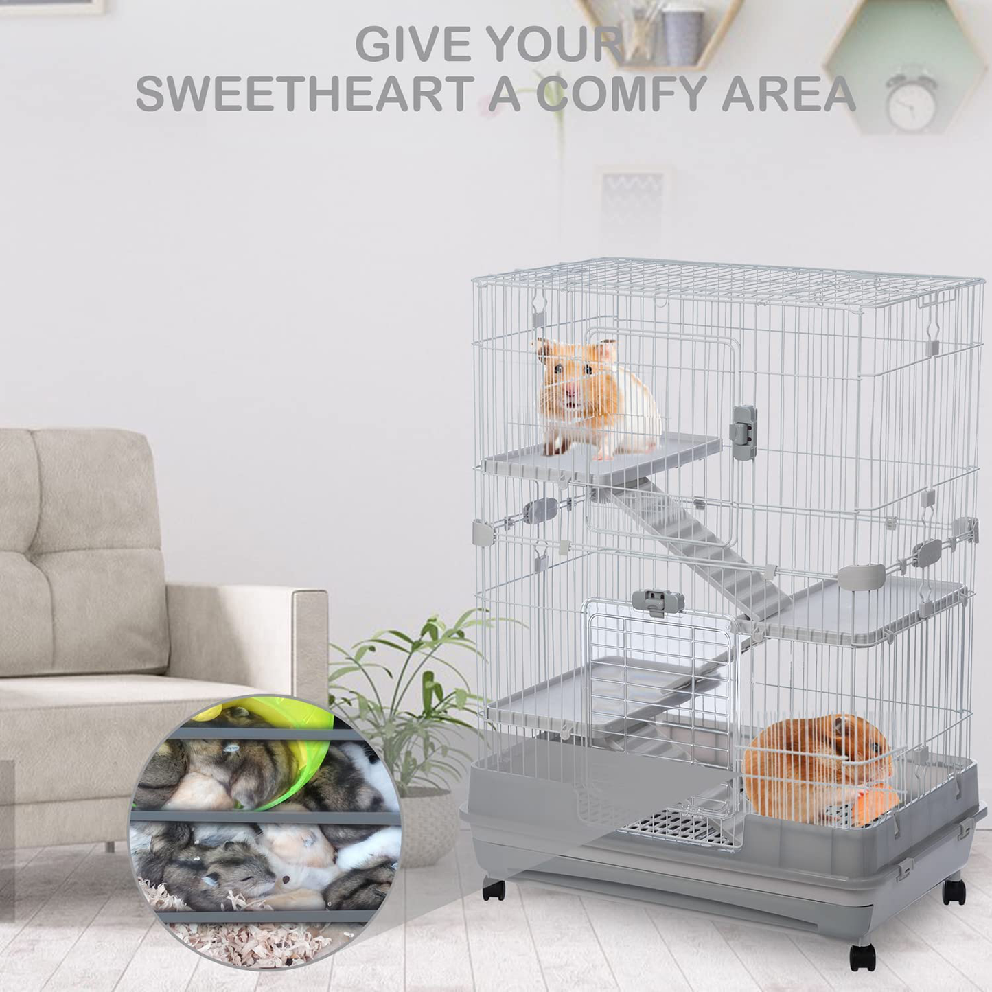 Runmade 4-Tier 32" Small Animal Metal Cage Height Adjustable Cage with Lockable Casters Grilles Pull-Out Tray for Rabbit Chinchilla Ferret Bunny Guinea Pig Squirrel Hedgehog Animals & Pet Supplies > Pet Supplies > Small Animal Supplies > Small Animal Habitats & Cages runmade   