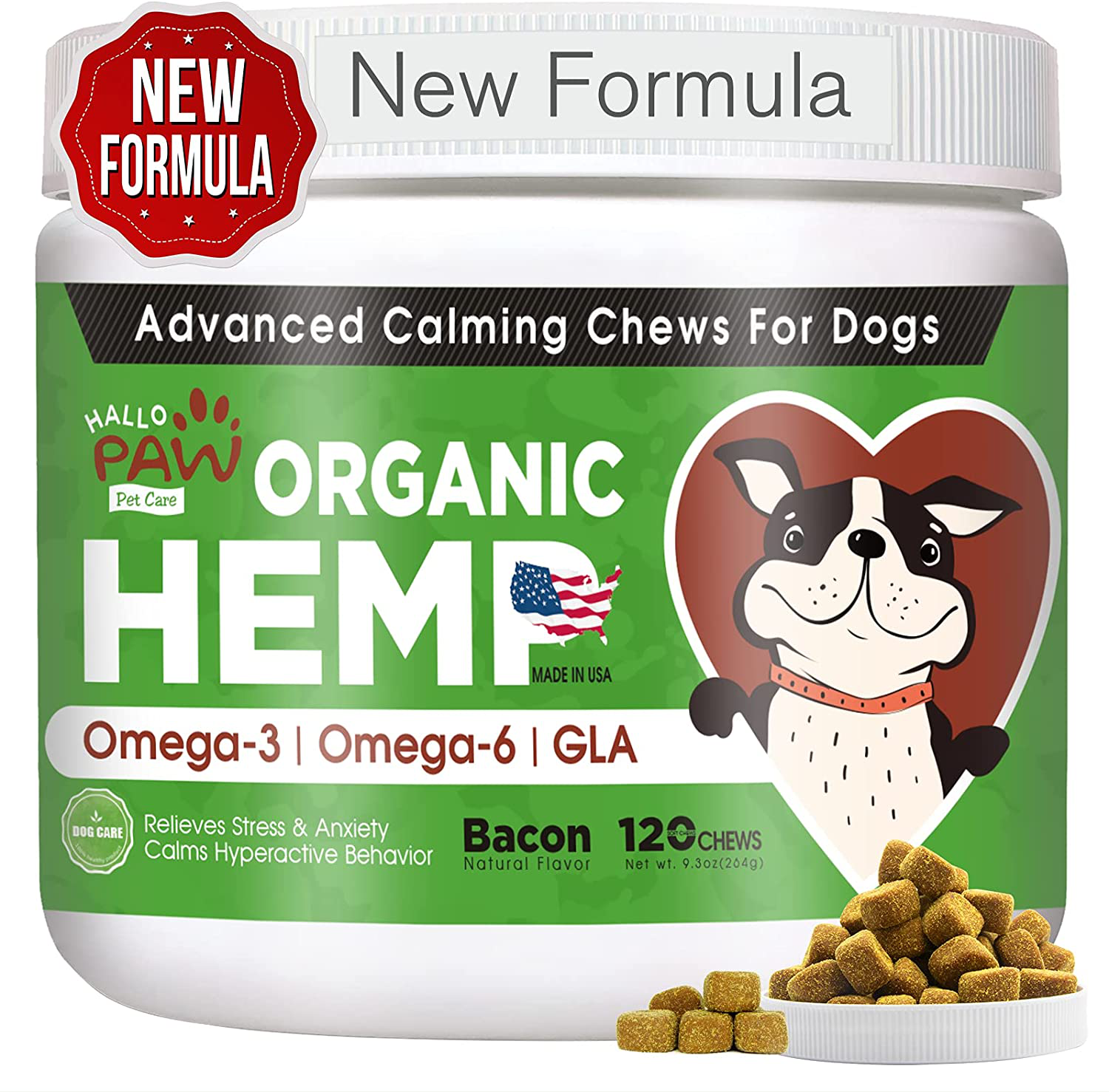 Hallo Paw Organic Calming Dog Treats-Organic Hemp Oil-120 Soft Chews-Made in Usa-Dog Anxiety Relief-Natural Calming-Help Keep Your Dog Calm with Thunder, Barking &Aggressive Behavior Animals & Pet Supplies > Pet Supplies > Small Animal Supplies > Small Animal Treats Hallo Paw bacon  