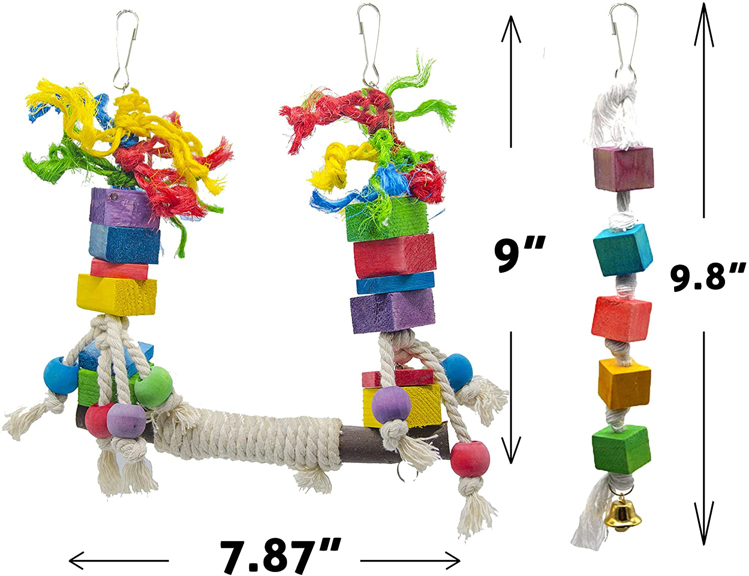 BIKOM 2PCS Bird Swing Toys Parrot Cage Bite Toys Wooden Block Bird Cage Hammock Swing Toy Hanging Toy for Parakeets Cockatiels or Medium Parrots and Birds like Amazon,African Grey and Cockatoos.