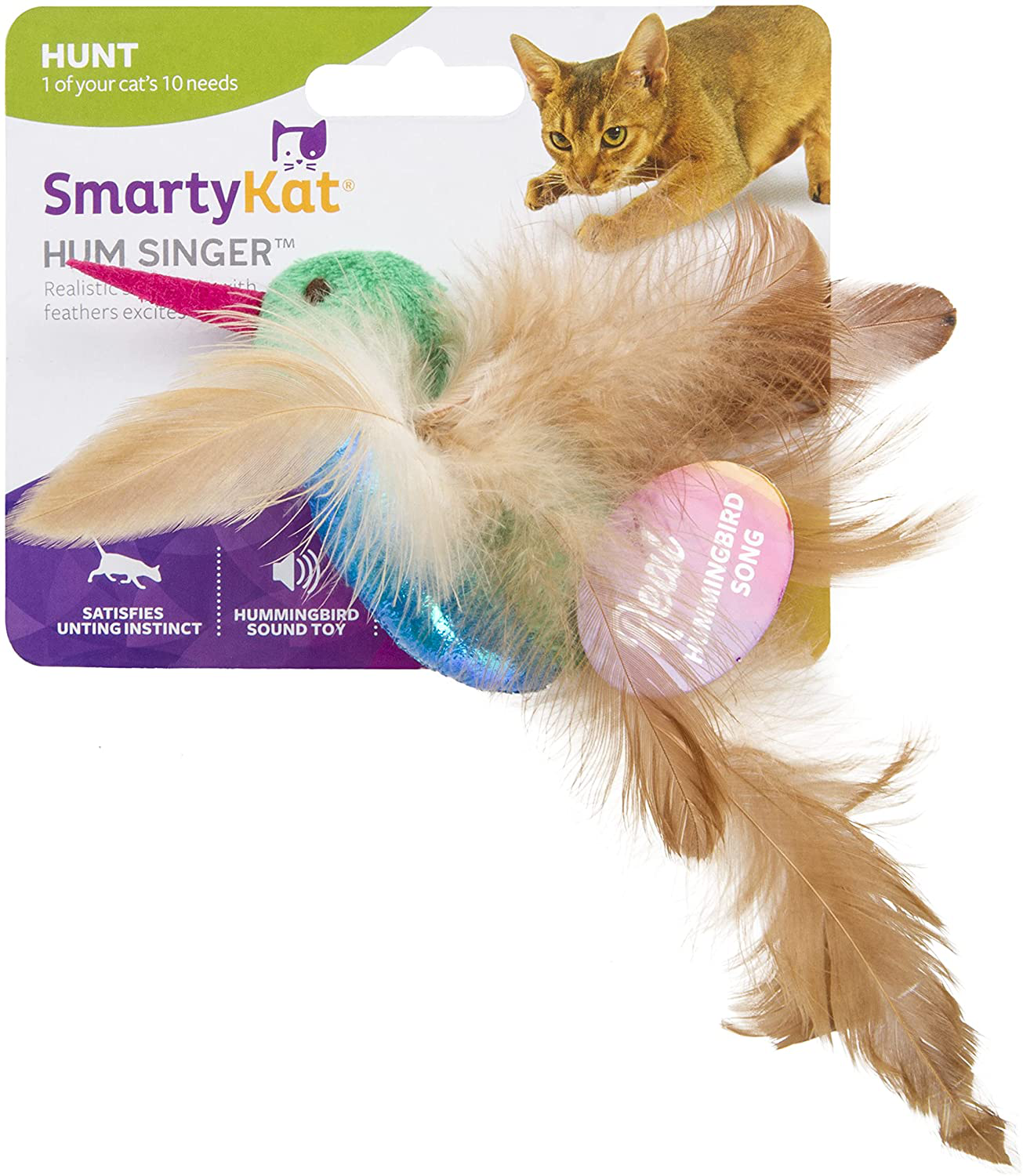 Smartykat Hum Singer, Electronic Sound Cat Toy, Interactive Chirping Hummingbird with Bird Sounds & Feathers, Battery Powered