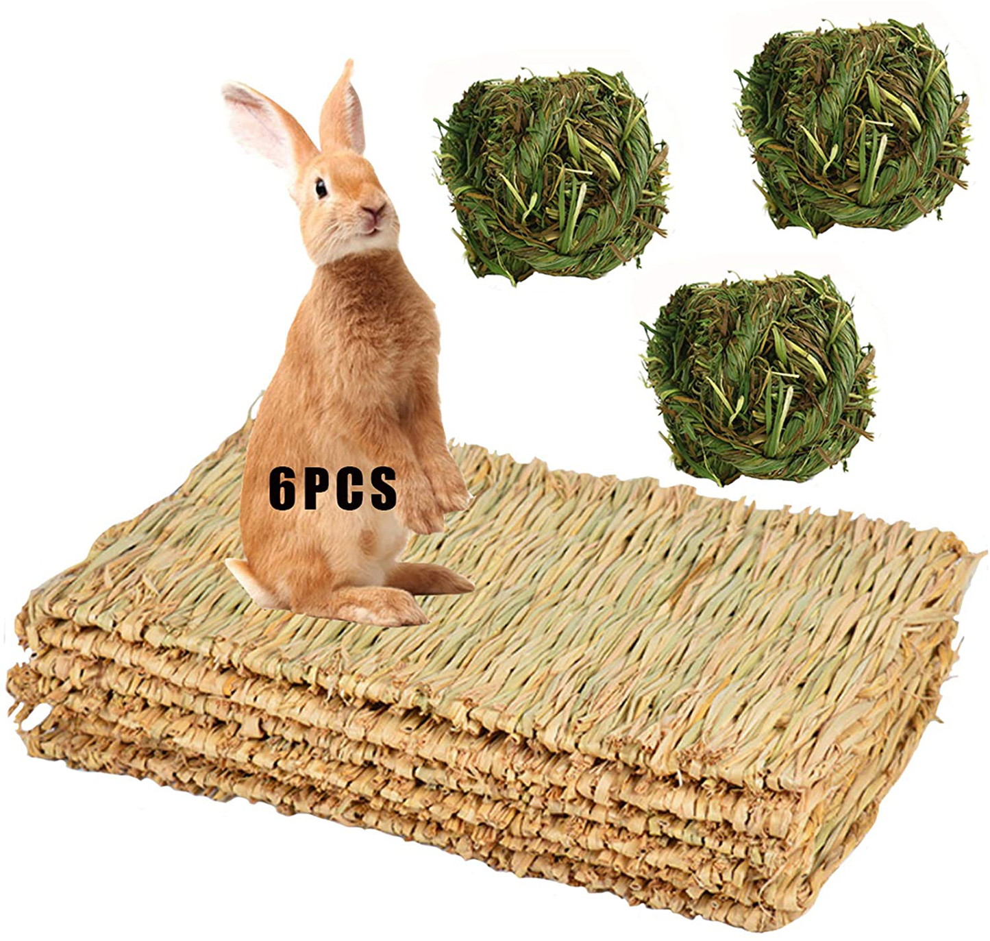 Hamiledyi 3Pcs Grass Mat Woven Bed Mat for Bunny 3Pcs Rabbit Chew Ball Timothy Grass Grinding Small Animal Bedding Nest Activity Play Chew Toys for Guinea Pig Gerbils Hamster Rat Animals & Pet Supplies > Pet Supplies > Small Animal Supplies > Small Animal Bedding Hamiledyi   