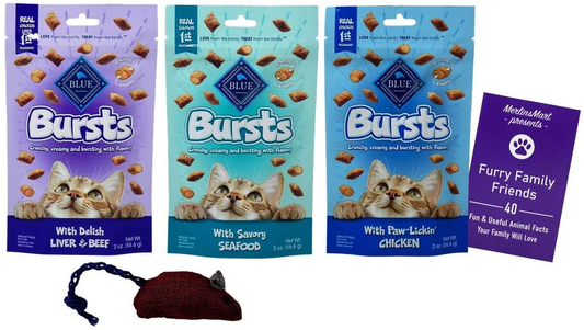 Blue Buffalo Bursts Natural Crunchy Creamy Treats for Cats 3 Flavor Variety | (1) Each: Liver Beef, Seafood, Chicken (2 Ounces) | plus Catnip Toy and Fun Facts Booklet Bundle Animals & Pet Supplies > Pet Supplies > Cat Supplies > Cat Treats Generic   