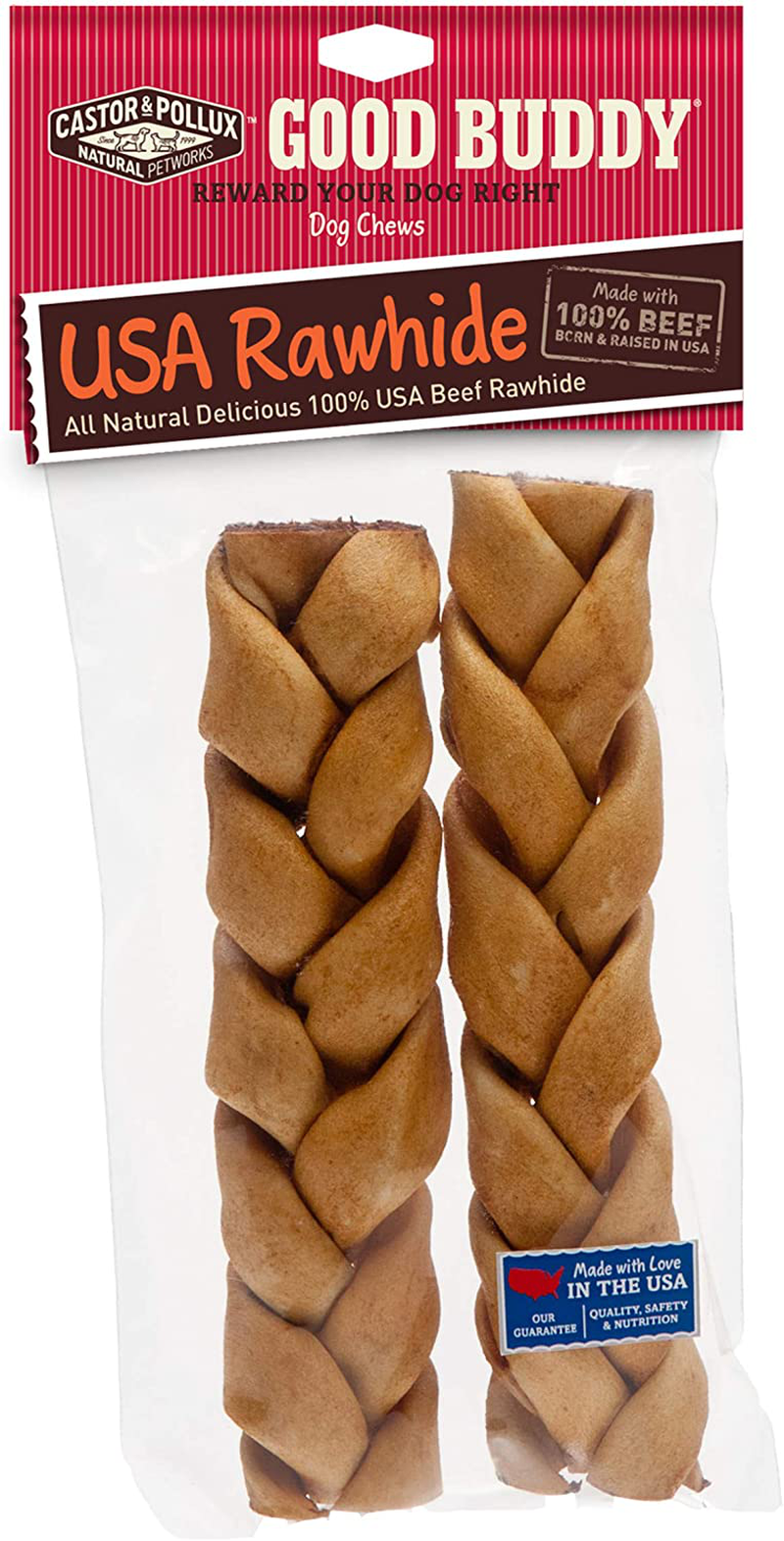 Castor & Pollux Good Buddy Made in USA Natural Chicken Flavor Rawhide Dog Treats Animals & Pet Supplies > Pet Supplies > Dog Supplies > Dog Treats Castor & Pollux Rawhide Braid Natural Chicken Flavor 7-8 Inch (Pack of 2)