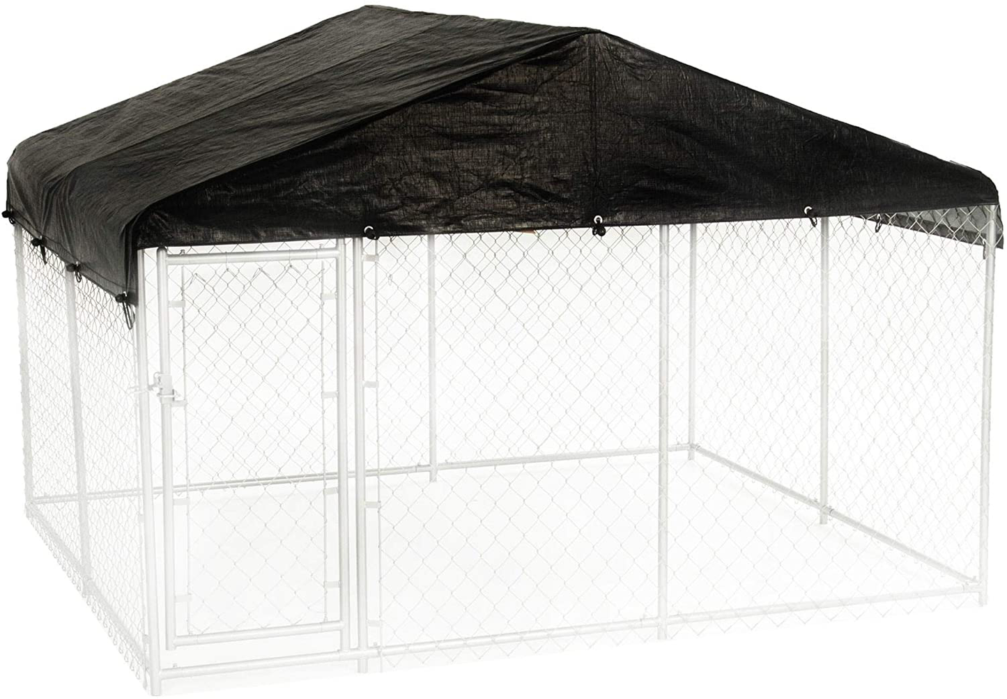 Lucky Dog 61528EZ 10' X 10' X 6' Heavy Duty Outdoor Galvanized Steel Chain Link Dog Kennel Enclosure with Latching Door, 1.5" Raised Legs, and Weatherguard 10 X 10 Foot Roof Cover