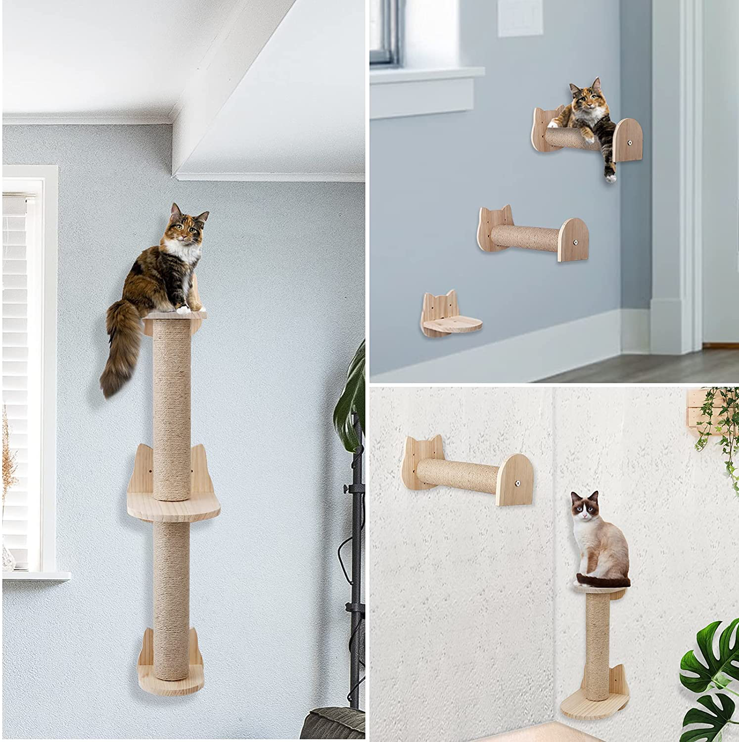 Wall Mounted Cat Scratching Post Sisal Cat Scratcher Solid Wood