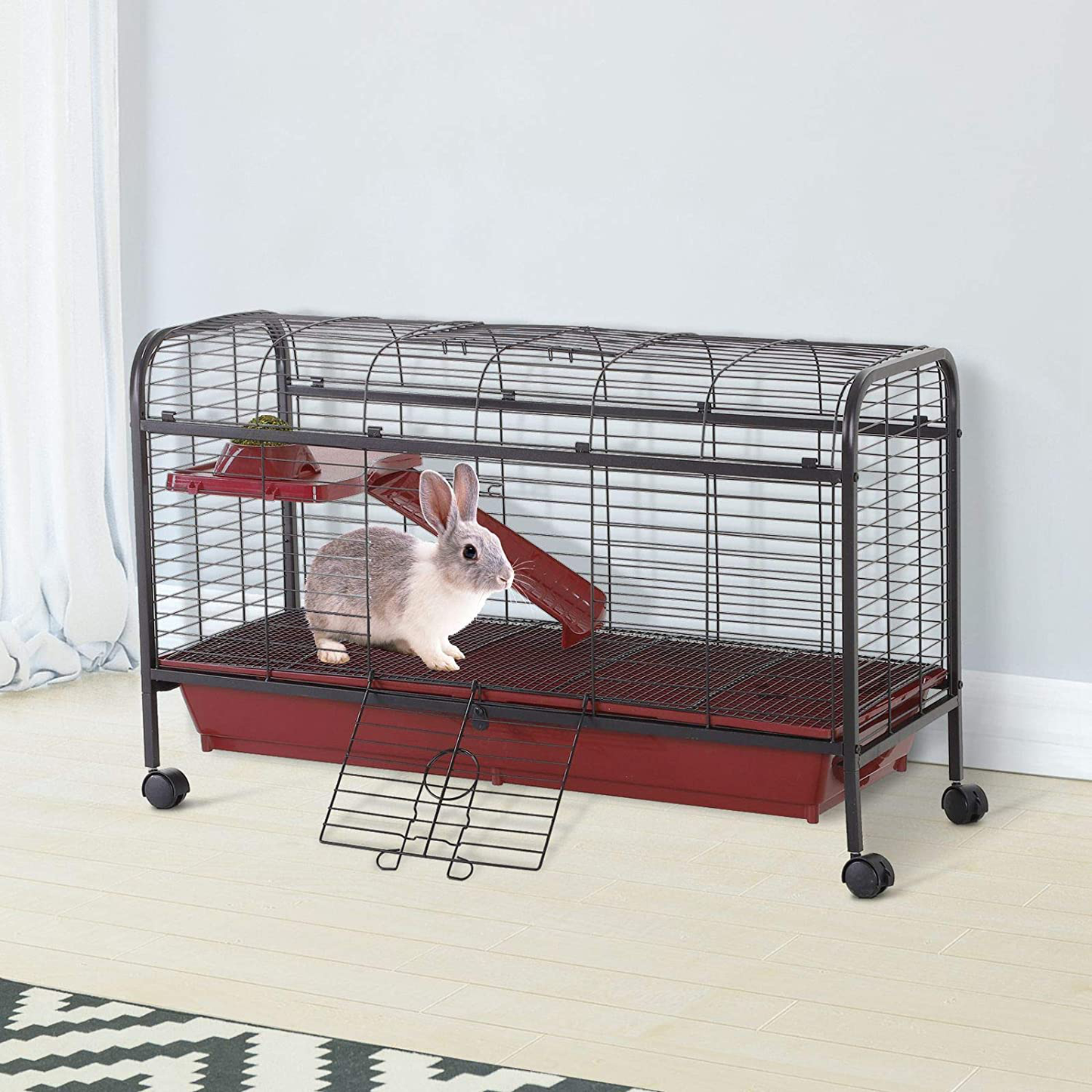 Pawhut 41" L Small Animal Cage Rabbit Guinea Pig Hutch Pet Play House with Feeder,Rolling Wheels, Platform, Ramp Animals & Pet Supplies > Pet Supplies > Small Animal Supplies > Small Animal Habitats & Cages PawHut   