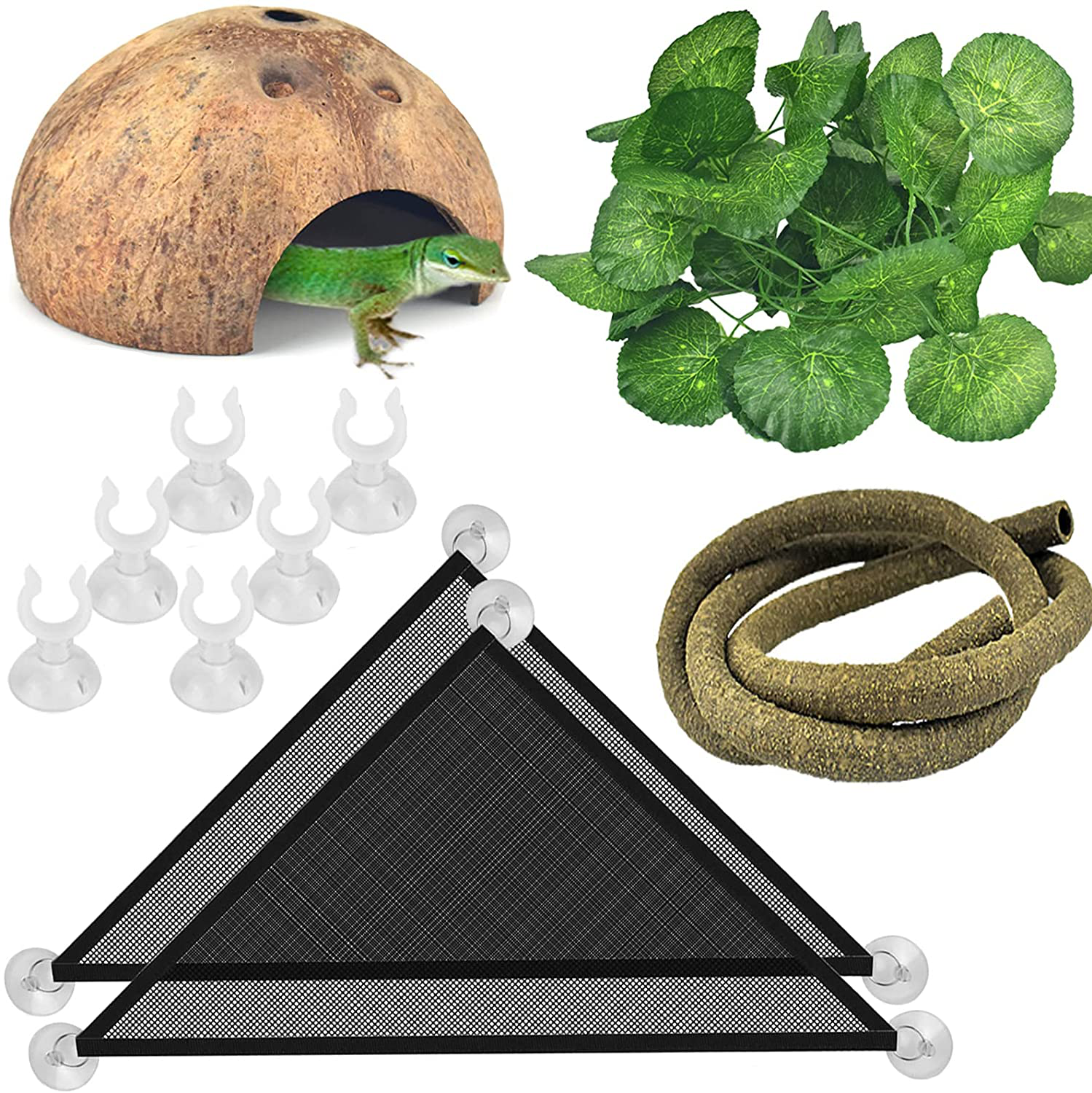 KATUMO Leopard Gecko Tank Accessories, Reptile Habitat Decor Mesh Hammock Reptiles Hanging Plants Artificial Bendable Climbing Vines Coconut Hideout Ideal for Gecko, Chameleon, Lizard, Frog, Snake Animals & Pet Supplies > Pet Supplies > Reptile & Amphibian Supplies > Reptile & Amphibian Habitat Accessories KATUMO   