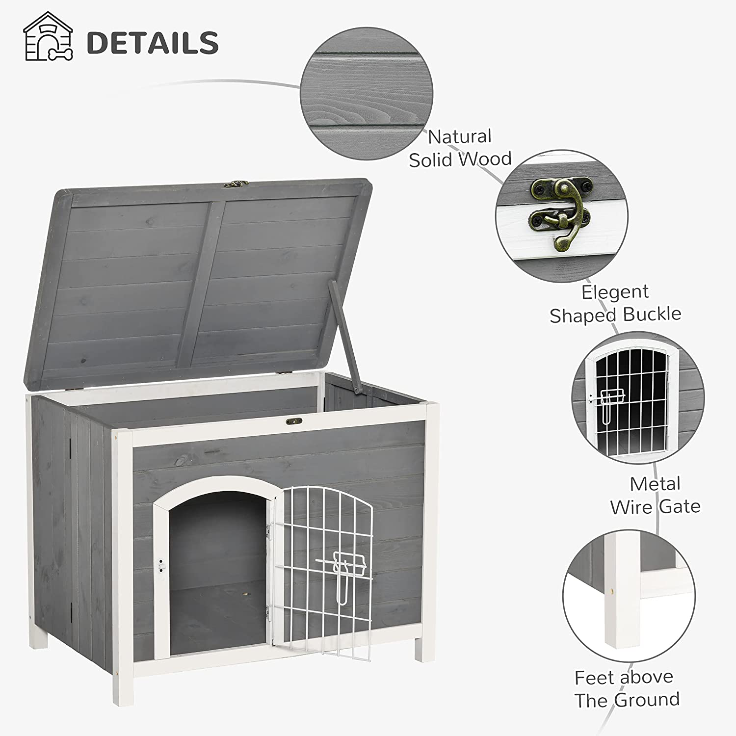 Pawhut Foldable Raised Wooden Dog House Indoor & Outdoor Dog Cage Kennel Cat House W/Lockable Door Openable Roof Removable Bottom for Small and Medium Pets Grey