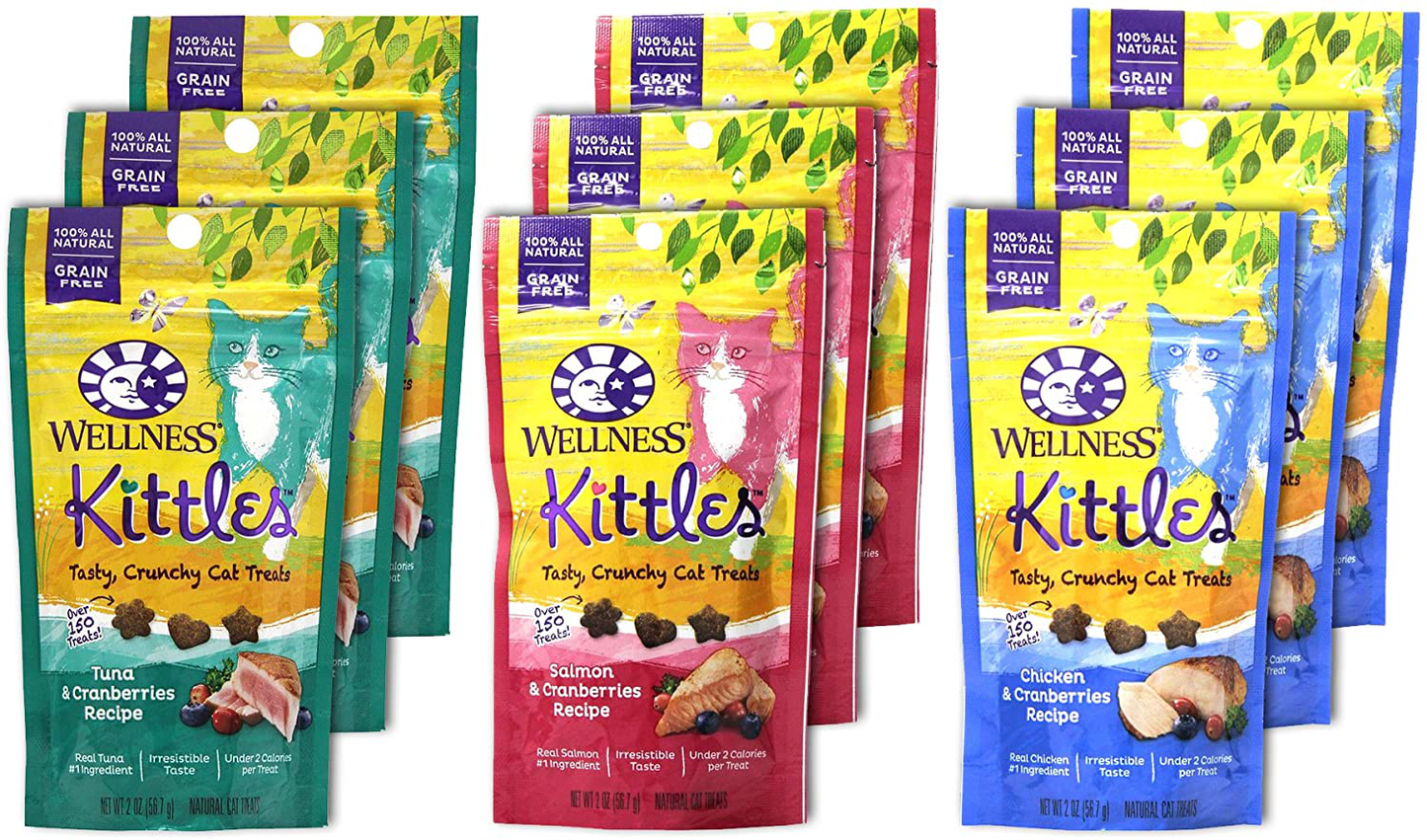 Wellness Kittles Cat Treat Variety Pack - 3 Flavors (Chicken & Cranberries, Salmon & Cranberries, and Tuna & Cranberries Flavors) - 2 Oz Each (9 Total Pouches)