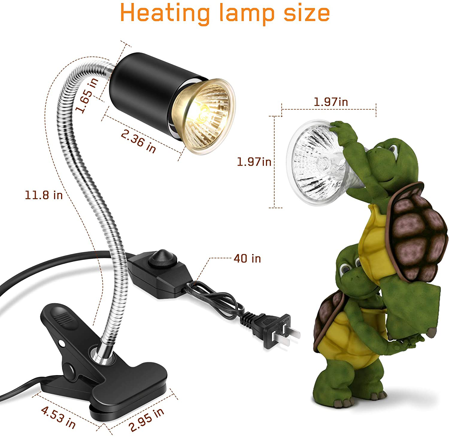 Fischuel Reptile Heat Lamp,Heating Lamp with Clamp, Adjustable Habitat Basking Heat Lamp ,UVA/UVB Light Lamp 360° Rotatable Clip and Dimmable Switch for Aquarium(Bulb Included) (E27,110V)