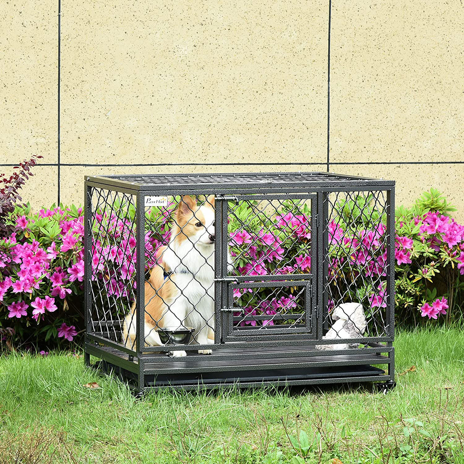 Pawhut Heavy Duty Dog Crate Cage Kennel W/Removable Tray Wheels & Lockable Door Indoor & Outdoor
