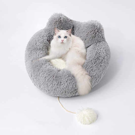 Uozzi Bedding Plush Faux Fur round Pet Cat Bed with Cute Ears and Tail, Comfortable Fuzzy Donut Cuddler Cushion for Cute Cats, Soft Shaggy and Warm Animals & Pet Supplies > Pet Supplies > Cat Supplies > Cat Beds UOZZI BEDDING Gray with White 19"x19" 