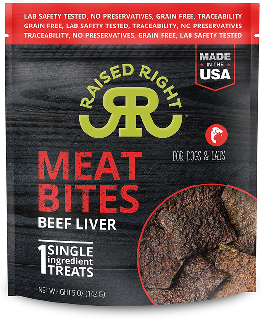 Raised Right Meat Bites, Single Ingredient Liver Treats for Dogs & Cats - 5 Oz. Bag