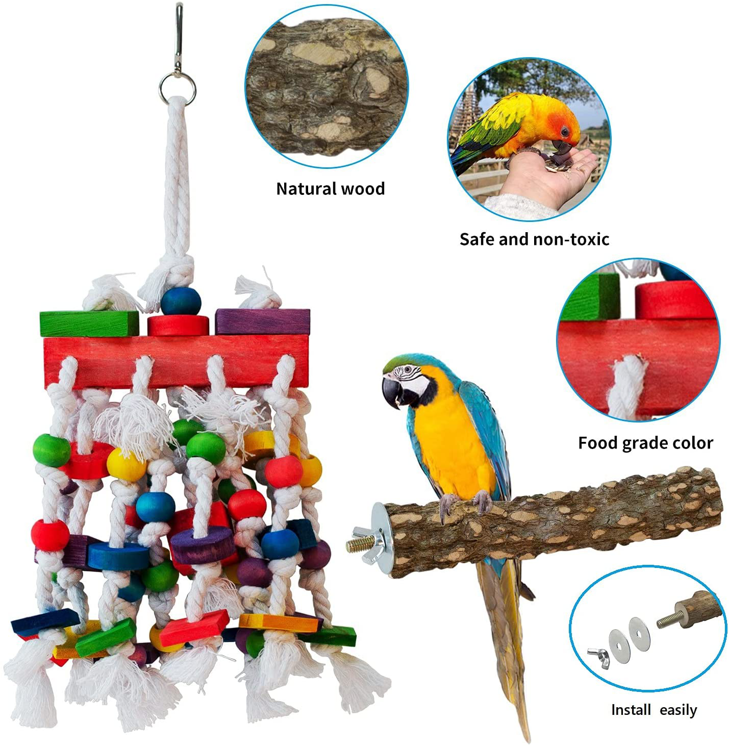 VECELA Parrot Toys, Bird Parrot Toys Set - Parrot Chewing Toys Knots Blocks, Parrot Mirror, Bird Perches - Bird Cage Toys for Budgies, Parakeets, Cockatiels, Conures, Lovebirds, Small or Medium Birds Animals & Pet Supplies > Pet Supplies > Bird Supplies > Bird Ladders & Perches VECELA   