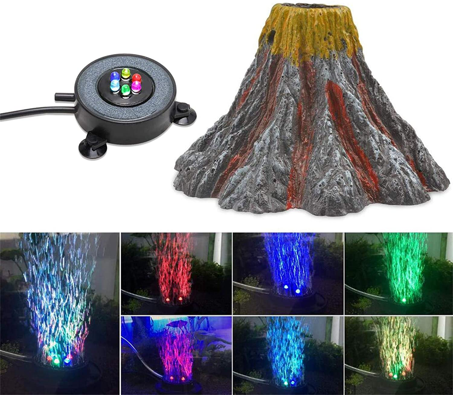 YWNYT Kit de décoration pour aquarium Volcan, multicolore avec lumière LED,  pierre à air pour pompe à air, accessoires pour aquarium, décoration d' aquarium : : Animalerie