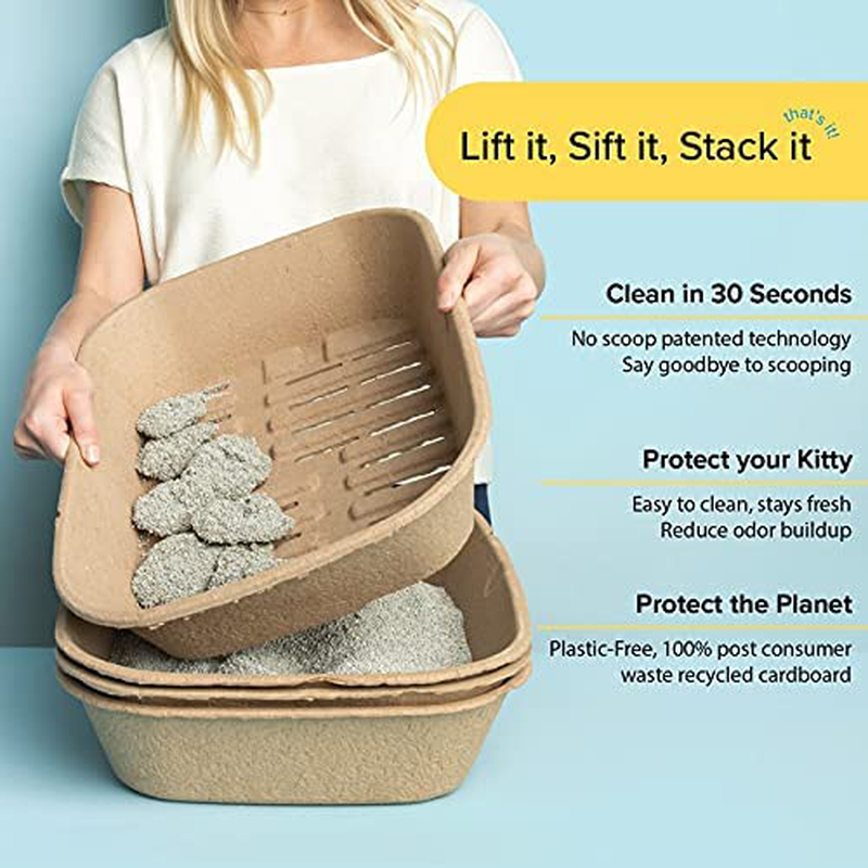 Kitty Sift Disposable Plastic Free Sifting Litter Box and Liner plus PROBIOTIC Litter, Large 8 Layer Set, 13.8 X 17.8 X 8.5, 7 Sifting Trays, 1 Base Tray and High Shield Lid, Recycled Cardboard, Waterproof Coating Animals & Pet Supplies > Pet Supplies > Cat Supplies > Cat Litter Box Liners KITTY SIFT HAPPY KITTY HAPPY LIFE   