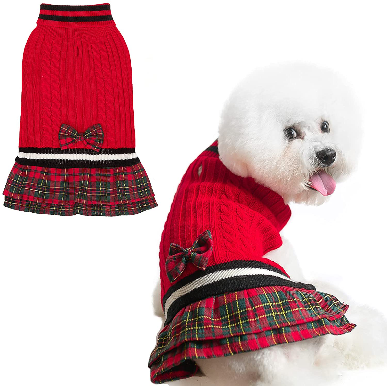 Dog Sweater Dress Plaid Dress with Bowtie - Dog Turtleneck Pullover Knitwear Cold Weather Sweater with Leash Hole, Suitable for Small Medium Dogs Puppies Animals & Pet Supplies > Pet Supplies > Dog Supplies > Dog Apparel PAWCHIE red S-Medium 