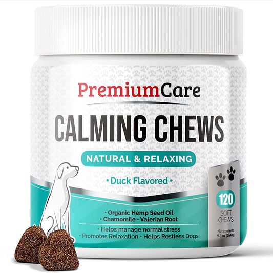 PREMIUM CARE Calming Chews for Dogs - Made in USA - Helps with Dog Anxiety, Separation, Barking, Stress Relief, Thunderstorms and More - Natural Calming Relaxer for Aggressive Behavior - 120 Treats Animals & Pet Supplies > Pet Supplies > Small Animal Supplies > Small Animal Treats PREMIUM CARE   
