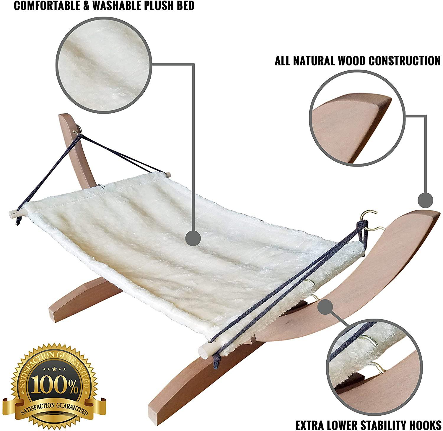 Vea Pets Luxury Cat Hammock - Large Soft Plush Bed - Holds Small to Medium Size Cat or Toy Dog | anti Sway | Attractive & Sturdy Perch | Easy to Assemble | Wood Construction Animals & Pet Supplies > Pet Supplies > Cat Supplies > Cat Beds Vea pets   
