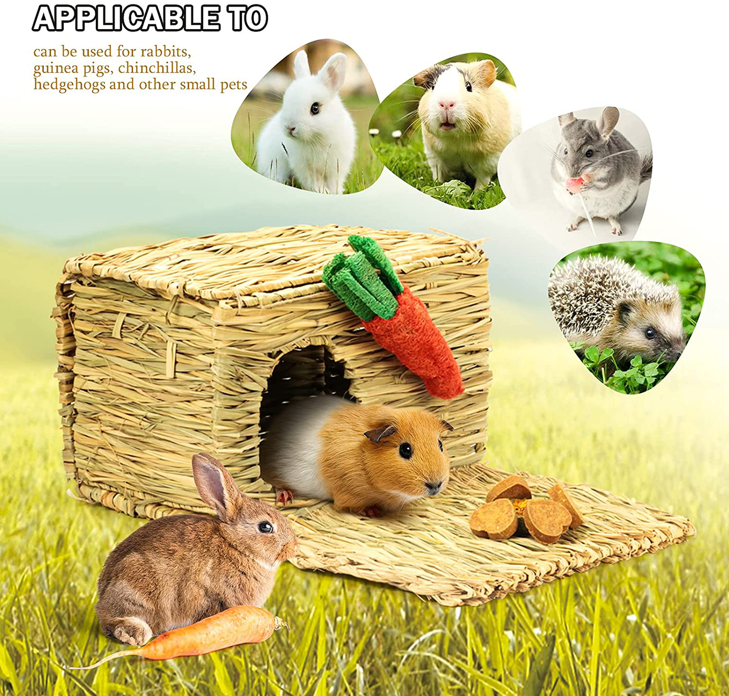 NC Rabbit Grass House, Hand Weave Bunny Hideout Natural Small Animals Habitats Foldable Grass Hut with Hamster Chew Toys Guinea Pig Pads for Bunny Chinchilla and Other Small Animals Play Animals & Pet Supplies > Pet Supplies > Small Animal Supplies > Small Animal Habitats & Cages N\C   