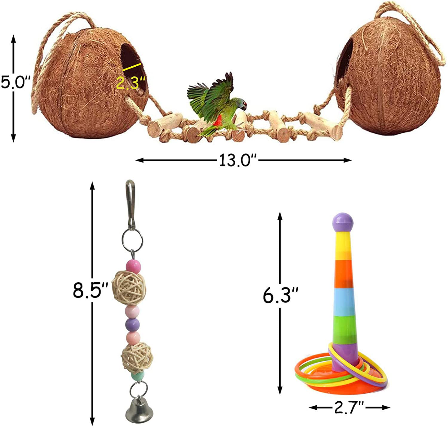 Kathson Bird Hides Coconut Nest with Ladder Perches Hanging Parrot House Cage Natural Coconut Fiber Parakeet Chewing Toys Intelligence Training Rings for Small Budgies Cockatiels 5PCS Animals & Pet Supplies > Pet Supplies > Bird Supplies > Bird Ladders & Perches kathson   