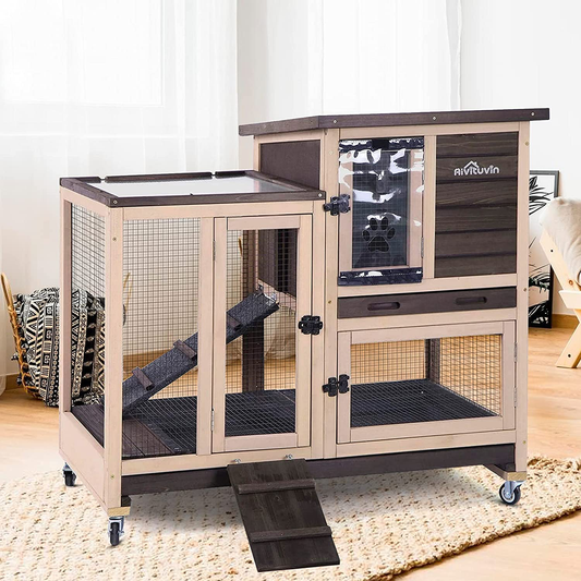 Indoor Outdoor Rabbit Hutch, Bunny Cage on Wheels with 2 Deep No Leakage Pull Out Trays (Coffee) Animals & Pet Supplies > Pet Supplies > Small Animal Supplies > Small Animal Habitats & Cages GUTINNEEN Coffee  