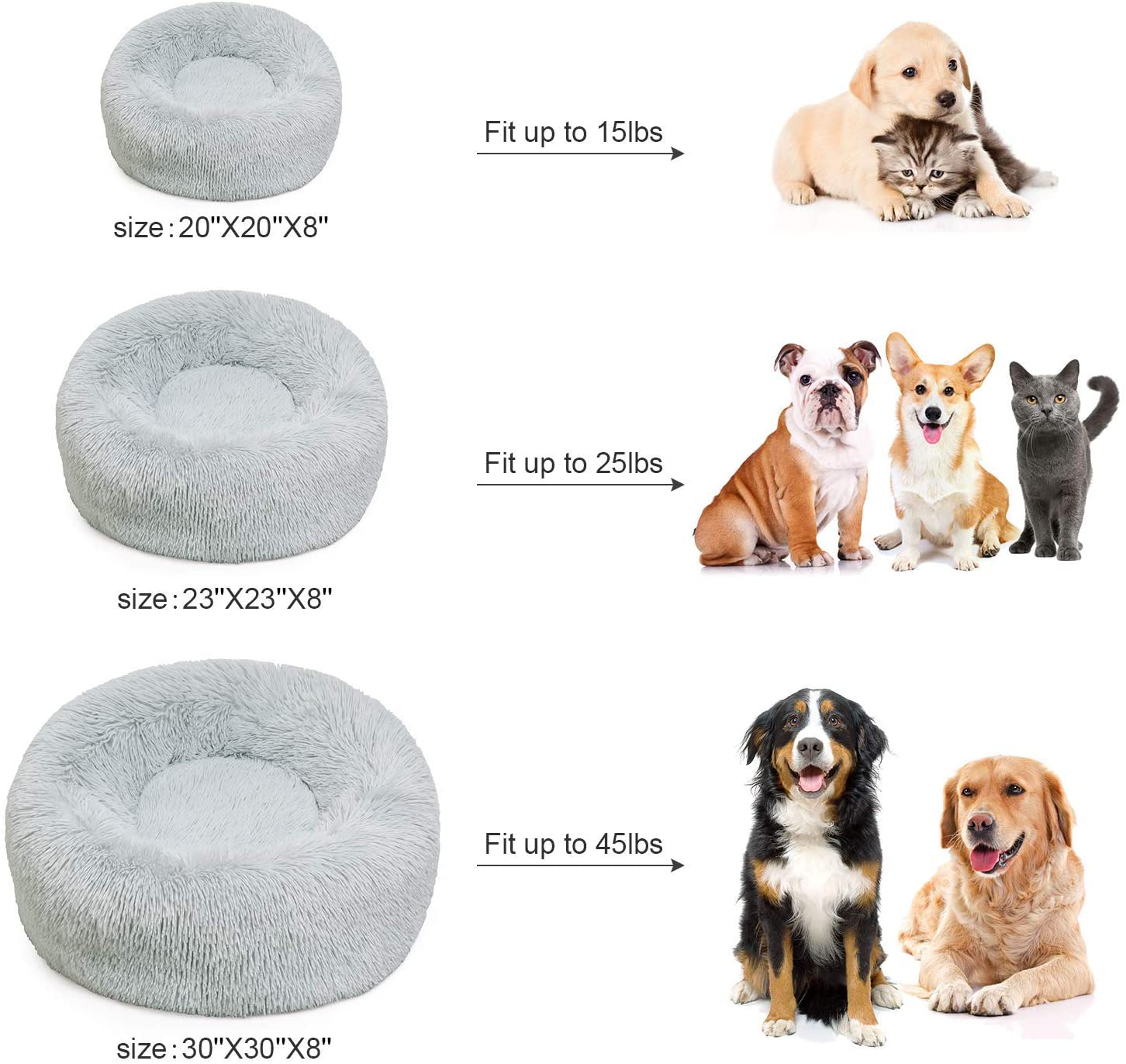 BEDELITE Dog Bed Cat Bed - round Dog Bed in Soft Faux Fur Pet Bed, Donut Calming Dog Bed & Cat Bed for Small Medium Dog & Cat 20/23/30 Inches Fit up to 15/25/45LBS (Grey, Blue, Brown) Washable Animals & Pet Supplies > Pet Supplies > Cat Supplies > Cat Beds BEDELITE   