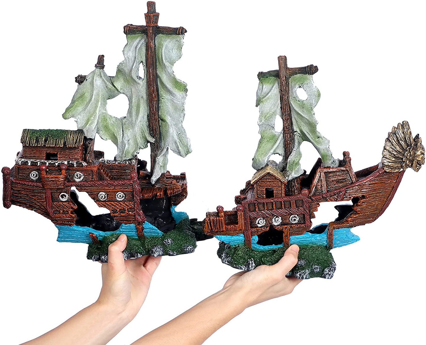 UNEAK - Large Shipwreck Aquarium Decorations Ornament W/ Sail (2 Pieces) 20 Gallons High and Larger Fish Tank, Sunken Ship Decoration Ornaments, Pirate Boat, Resin, Freshwater Saltwater Decor Animals & Pet Supplies > Pet Supplies > Fish Supplies > Aquarium Decor UNEAK   