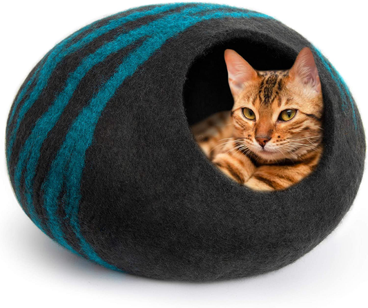 MEOWFIA Premium Felt Cat Bed Cave (Medium) - Handmade 100% Merino Wool Bed for Cats and Kittens Animals & Pet Supplies > Pet Supplies > Cat Supplies > Cat Furniture MEOWFIA Black/Aqua  