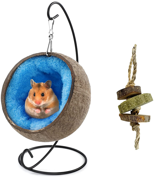 Ranslen Natural Coconut Hamster Hideout Hammock with Molar Toy, Coconut Husk Hamster Bed House with Warm Pad,Small Animal Habitat Decor Accessories Hanging Loop (Brown)
